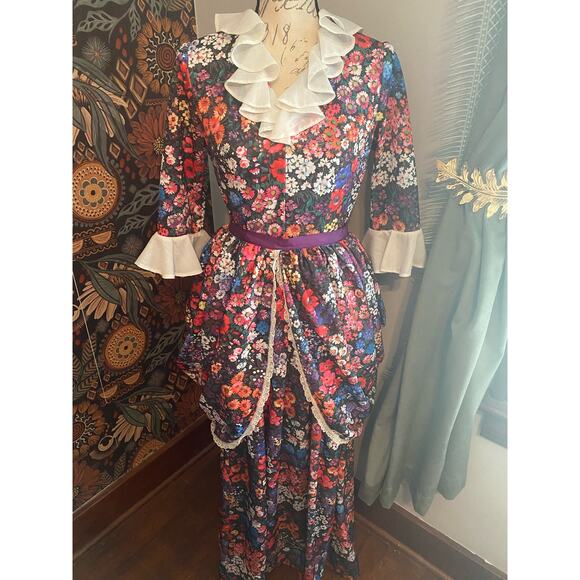 Handmade Dresses & Skirts - Vintage 70s Handmade Floral Long Ruffled 3/4 sleeve Dress w/ bustle